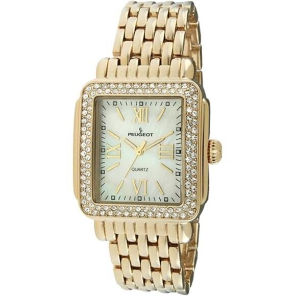 Peugeot Women Rectangle Dress Watch with Crystal Decorated Bezel, Roman